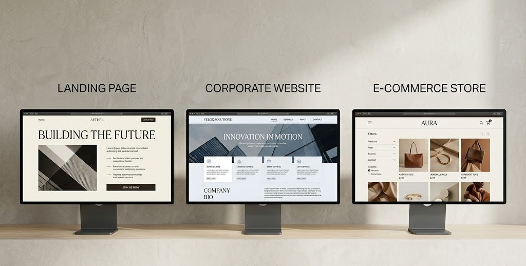 Comparativa visual de tipos de sitios web: landing page, sitio institucional y ecommerce