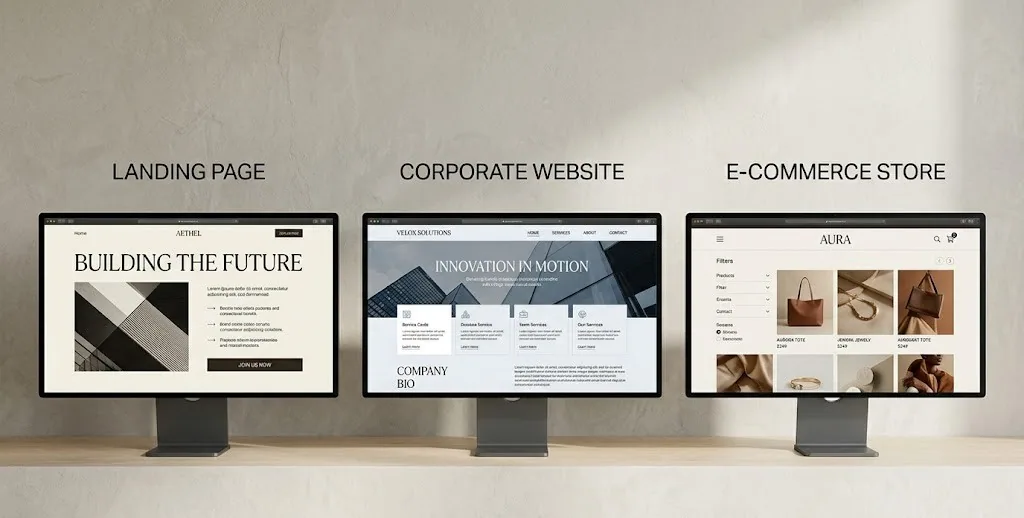 Comparativa visual de tipos de sitios web: landing page, sitio institucional y ecommerce