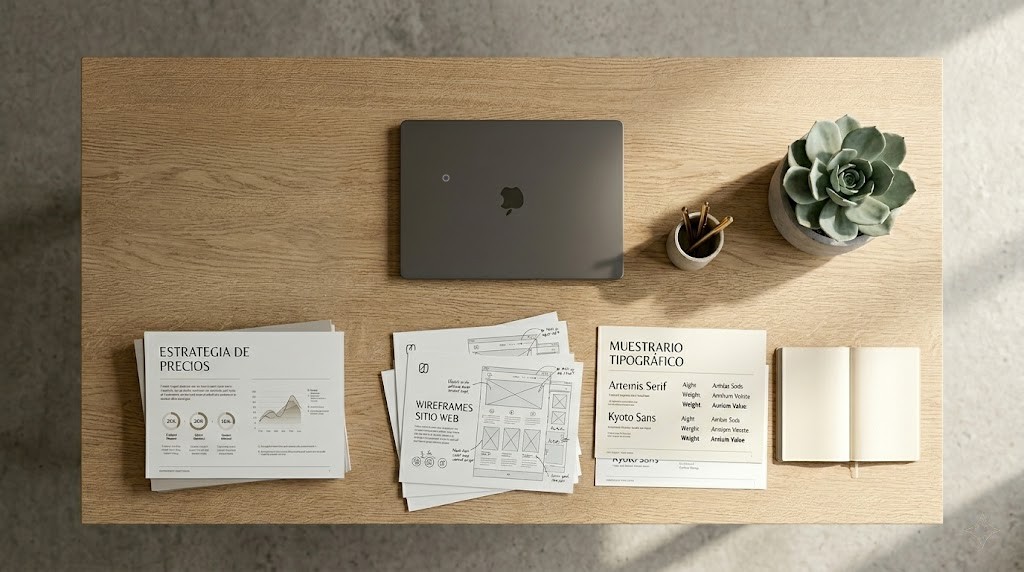 Composición editorial con documentos de estrategia de precios, wireframes y laptop sobre escritorio