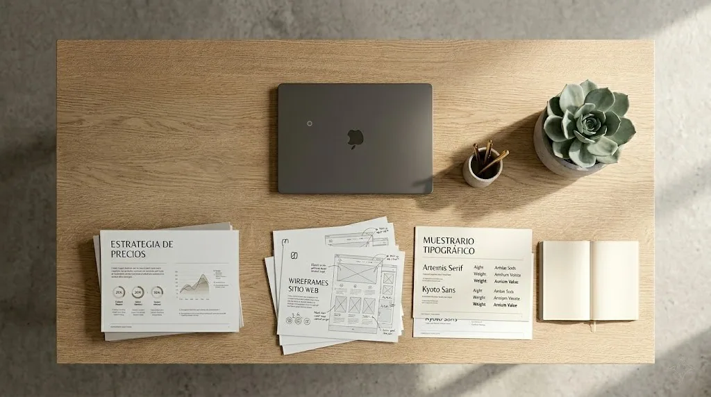 Composición editorial con documentos de estrategia de precios, wireframes y laptop sobre escritorio