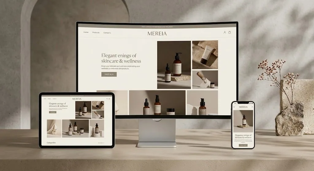 Sitio web premium responsive mostrado en desktop, tablet y smartphone