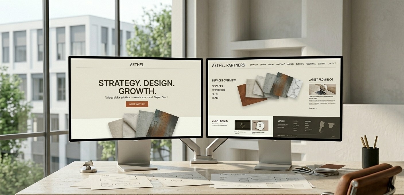 Múltiples dispositivos mostrando una marca digital sólida: desktop, tablet y smartphone con sitio web completo coherente