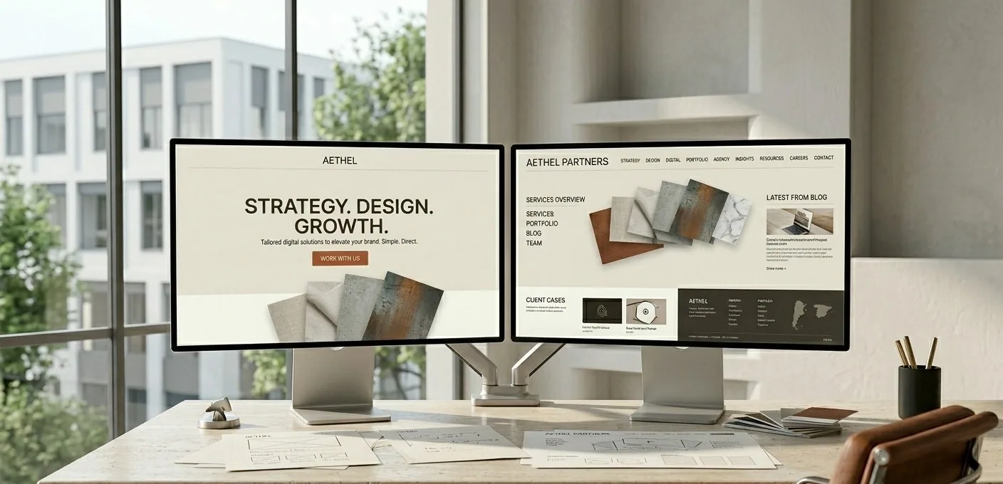 Múltiples dispositivos mostrando una marca digital sólida: desktop, tablet y smartphone con sitio web completo coherente