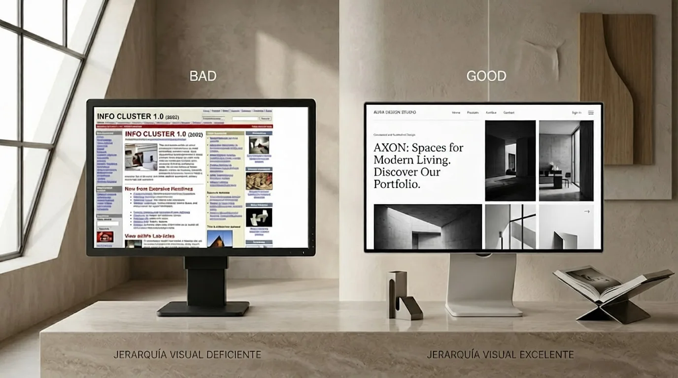 Comparativa entre diseño web desordenado y diseño web moderno con jerarquía visual clara