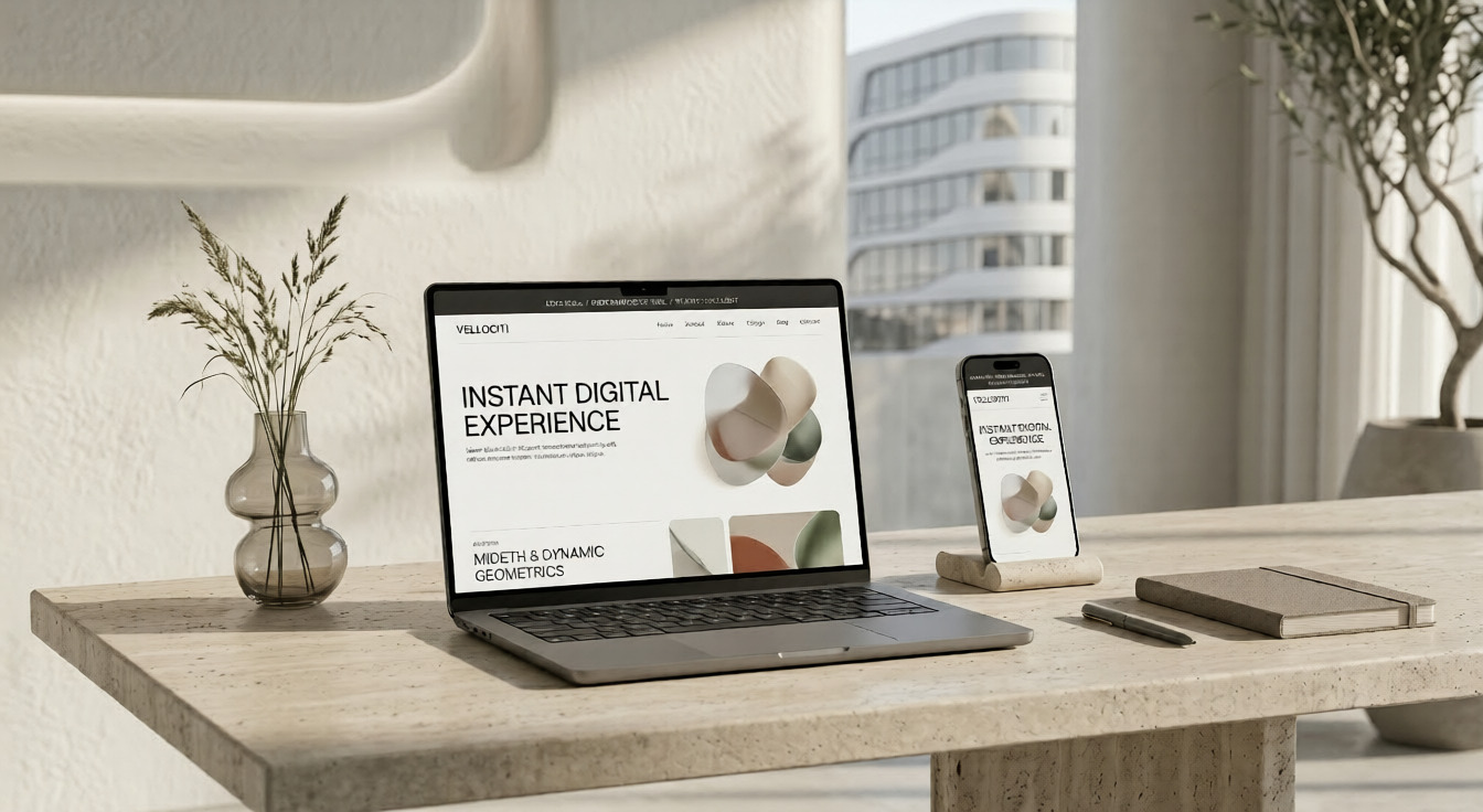 Concepto de rendimiento web moderno con pantallas de smartphone y desktop mostrando métricas de velocidad
