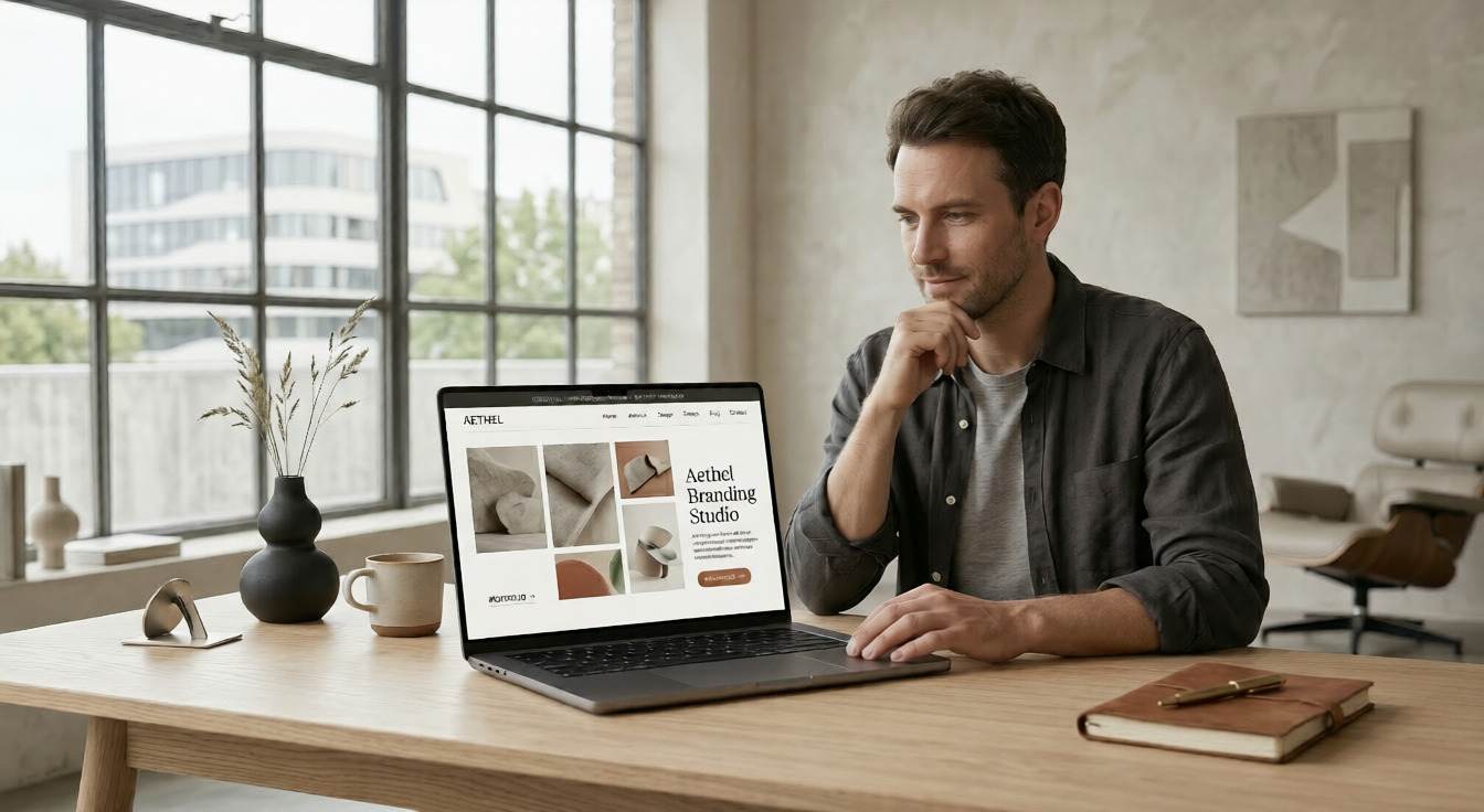 Persona interactuando naturalmente con sitio web moderno en laptop en espacio de trabajo contemporáneo