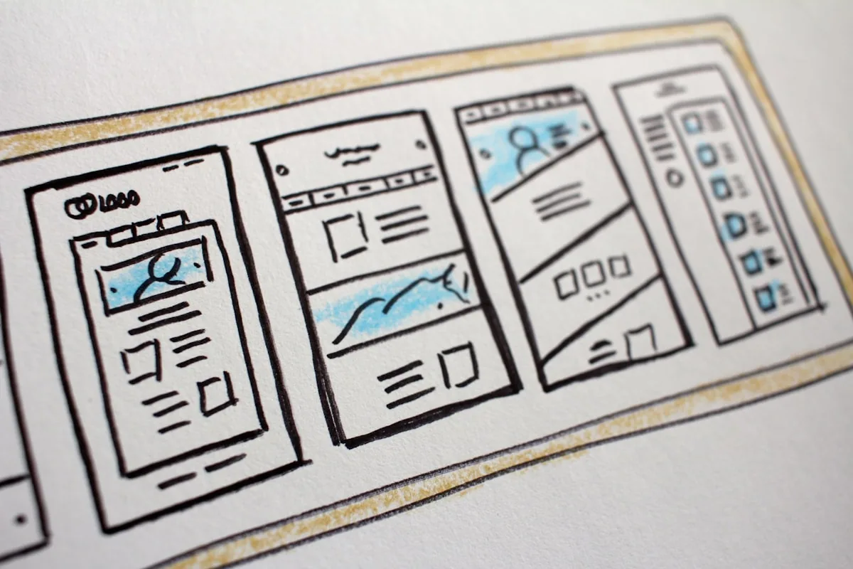 Wireframes dibujados a mano de pantallas móviles, representando el proceso de diseño mobile-first desde el inicio del proyecto