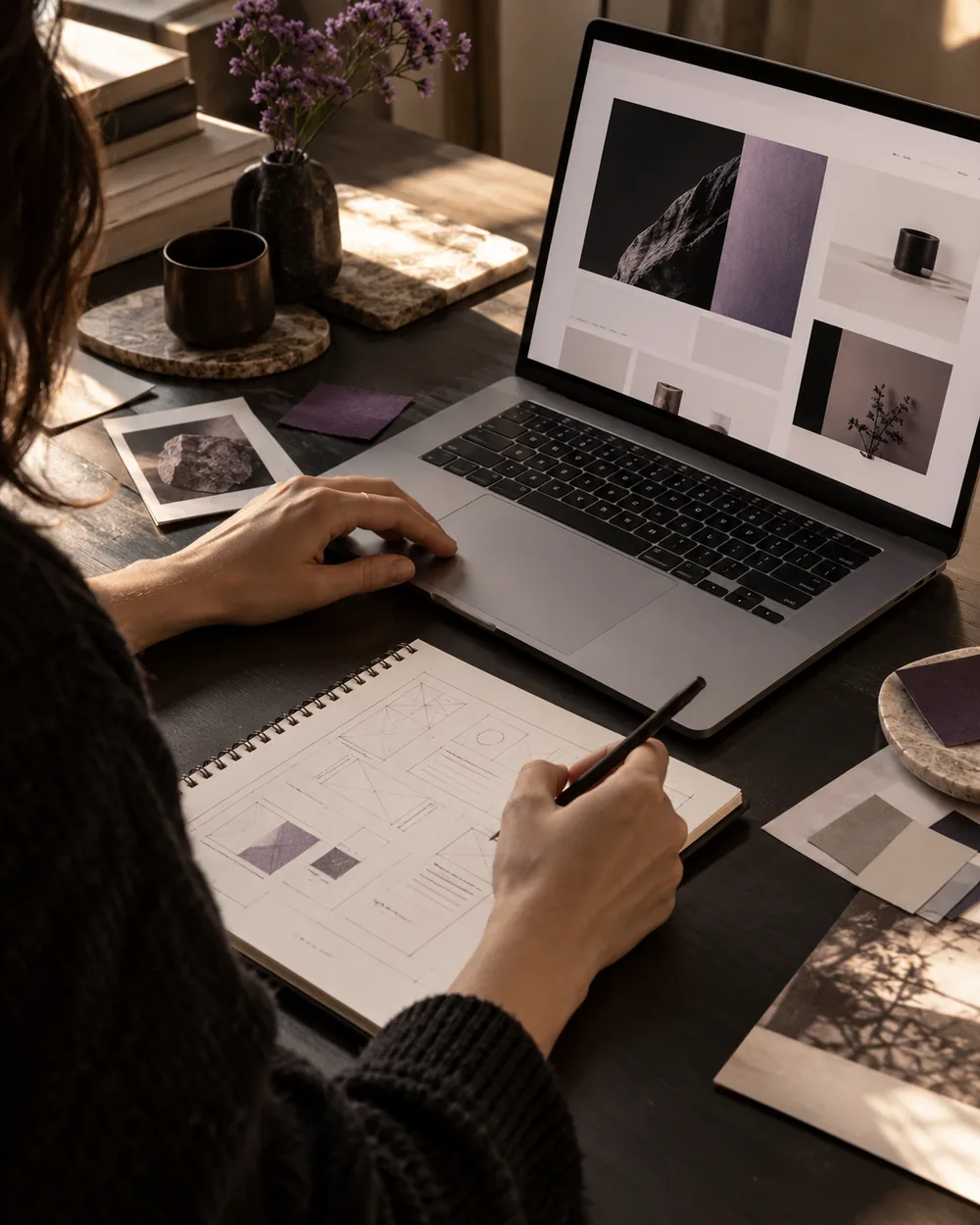 Diseñadora trabajando entre wireframes y una interfaz web en una notebook